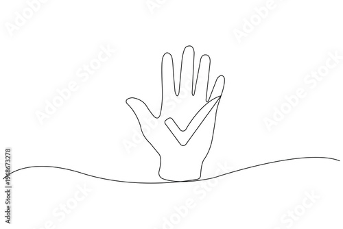 Raised hand continuous one line drawing minimalist style isolated outline illustration concept