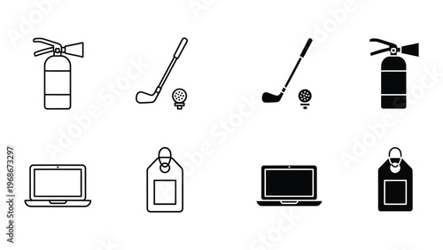 A collection of simple icons representing various objects and tools for safety, technology, and leisure