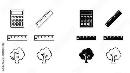 Картината върху платно A collection of black and white icons featuring calculators, rulers, and trees on a clean white background