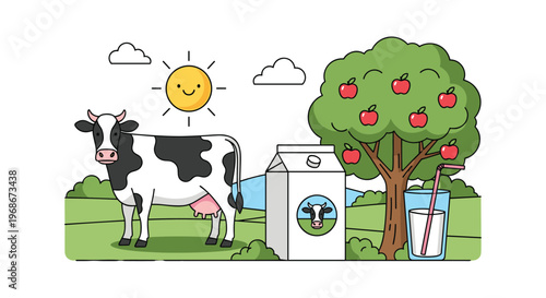 Happy cow standing in a green field next to a carton of milk and a glass under a smiling sun with an apple tree in the background.