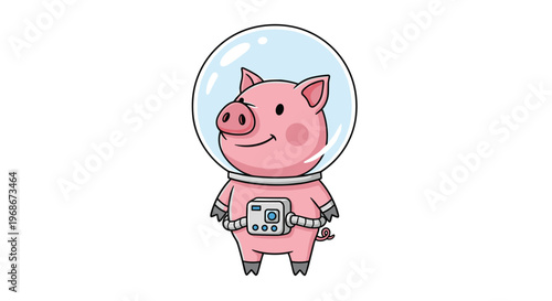 Adorable illustration of a smiling pink pig dressed in an astronaut suit with a glass bubble helmet ready for space exploration.