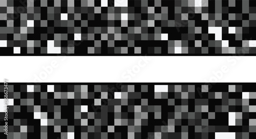Abstract digital background featuring a grid of black, white, and grey pixels with a central white horizontal stripe for text placement.