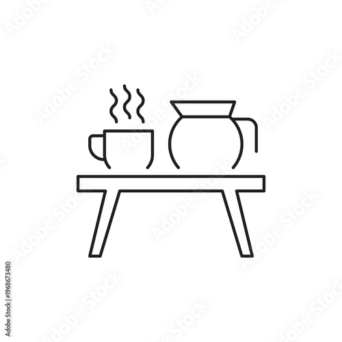 Thin line art icon of a coffee pot and cups resting on an office table