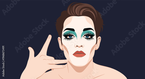 Close-up portrait of a person with dramatic drag queen makeup featuring bold green eyeshadow and a hand gesture against a dark background.