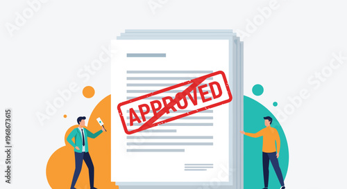 Conceptual illustration of business professionals approving a large document with a red stamp and abstract background elements in a modern office setting.