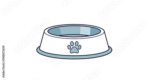 Simple blue and white pet food bowl featuring a paw print icon on the side isolated on a clean white background for animal-themed design concepts.
