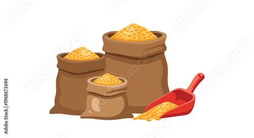 Three rustic burlap sacks filled with golden grain or flour next to a red scoop in a scene representing harvest, agriculture, and food production.