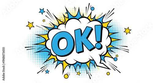 Pop art style comic speech bubble with the word OK written in bold blue letters with stars and dots over a white background for expressive designs.