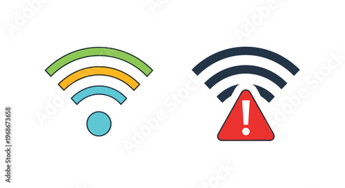 Comparison of a functional multi-colored wireless signal icon and a dark grey signal icon with a red warning exclamation mark triangle on a white backdrop.