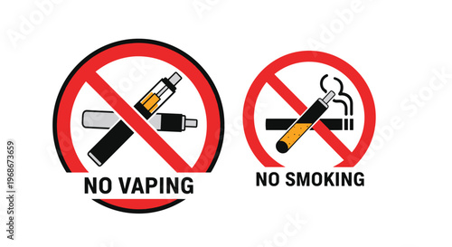 Prohibition signs for vaping and smoking featuring electronic cigarettes and a traditional cigarette with red circles and slashes on a white background.