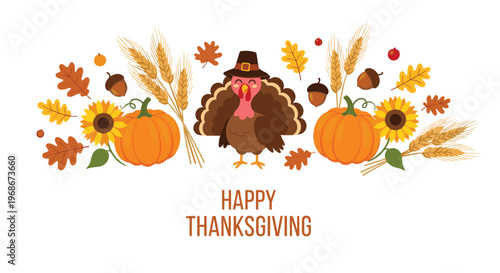 Festive Thanksgiving banner with a cartoon turkey wearing a pilgrim hat surrounded by pumpkins, sunflowers, autumn leaves, and wheat stalks on a white base.