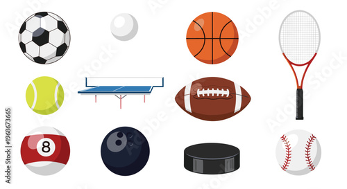 Diverse collection of sports equipment including balls for soccer, basketball, tennis, bowling, billiards, and items like a hockey puck and tennis racket.