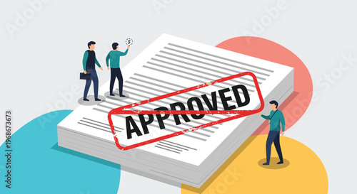 High-angle view of business people standing on top of a massive stack of documents marked with a red approved stamp in a conceptual business scene.