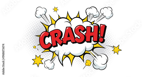 Comic book style crash speech bubble with red letters and white clouds with smoke and stars representing impact and energy on a white backdrop.