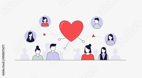 Love Network Concept: Red Heart Connects Diverse People Icons