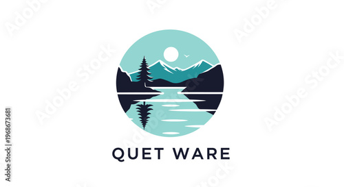 Circular Emblem of Serene Lake with Mountains and Pine Trees under Moonlit Sky in Cool Tones on Isolated White Background