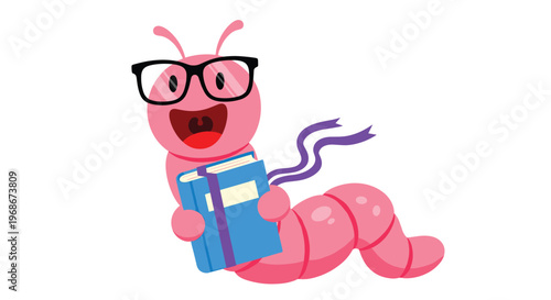 Cute cartoon bookworm character with glasses holding a blue book with a bookmark on a white background for education and reading themes.