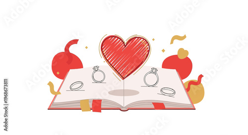 Love Story Book with Heart and Rings - Romantic Wedding Concept