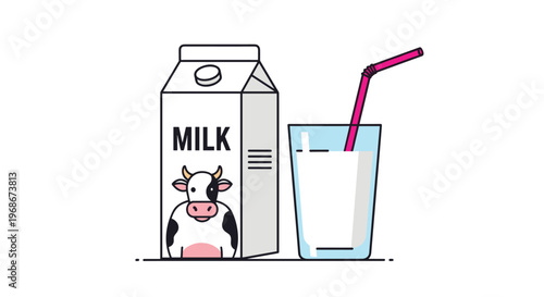 Still life illustration of a milk carton with a cow illustration and a glass of milk with a pink straw on a clean white background.