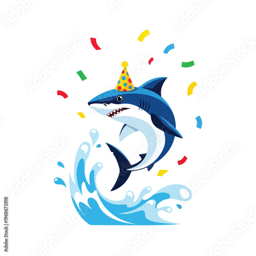 A cartoon blue shark character wearing a party hat jumps from splashing waves, celebrating with colorful confetti against a white background, conveying a fun birthday mood