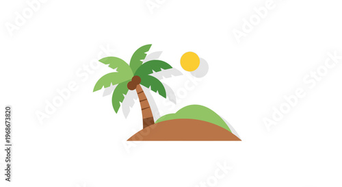 Two Green Palm Trees on a Sandy Island with Bright Sun, Representing Tropical Holiday on Isolated White Background