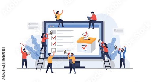 Group of diverse people working together to manage an online voting process on a large computer screen with megaphones and clipboards.