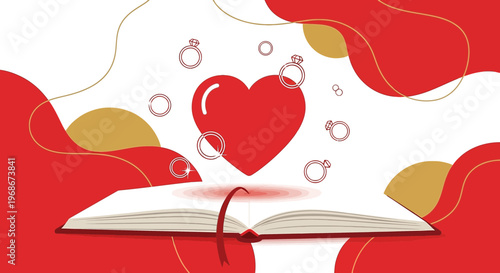 Love Story Book with Heart and Rings, Valentine's Day, Wedding Concept
