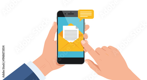 Hands holding a smartphone showing an open envelope with a document and a message notification bubble on a blue screen background.