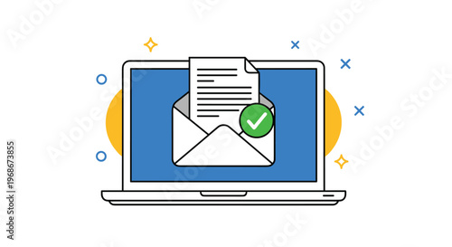 Laptop computer with an open envelope and a document with a green checkmark icon representing successful email delivery or notification.