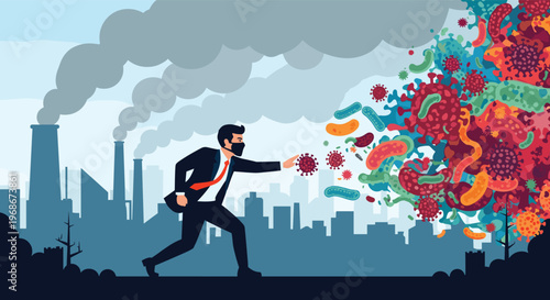 Businessman in a face mask trying to stop a cloud of virus and bacteria particles while factories emit smoke in the background.