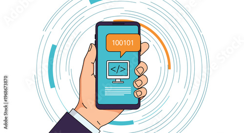 Hand holding a mobile phone displaying a computer screen with programming code symbols and binary numbers on a futuristic circular background.