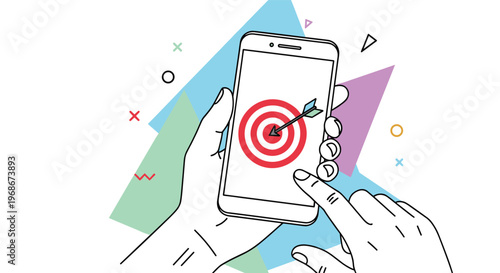 Hands holding a smartphone with a red bullseye target and an arrow on the screen against a colorful abstract geometric background.