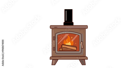 Cozy wood burning stove vector icon illustration with glowing fire and logs. Minimalist flat design of a rustic fireplace for home heating, winter comfort, and interior decor. AI-generated graphic.