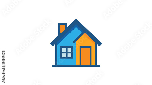 Colorful vector icon illustration of a modern house with a blue facade, orange door, chimney, and window. Flat minimalist design for real estate, property, and home living web applications.