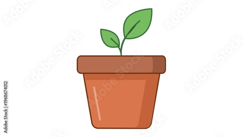 Minimalist flat vector icon illustration of a young green sprout with two leaves growing in a brown terracotta clay pot, symbolizing growth, nature, gardening, and sustainability, AI-generated.