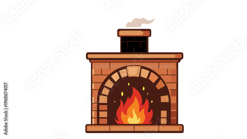 Cozy brick fireplace vector illustration with a bright orange fire burning inside and a small chimney with smoke, minimalist flat design icon for home interior, winter warmth, and domestic comfort.