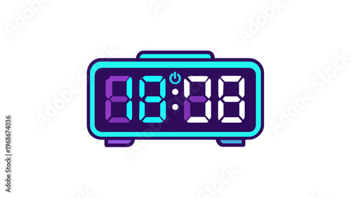 Digital alarm clock vector icon with purple and cyan gradient, minimalist flat design illustration of an electronic bedside clock for time management, home living, AI-generated scalable graphic.