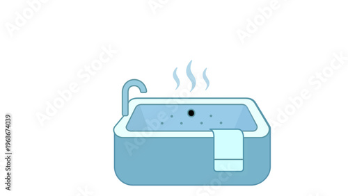 Minimalist vector illustration of a modern bathtub with steaming hot water, a faucet, and a white towel hanging on the side, flat icon design for bathroom interior, spa, and relaxation concepts.