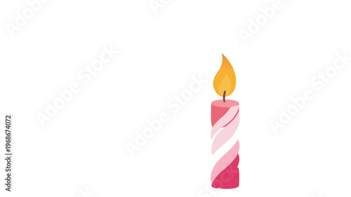 Vibrant vector illustration of a pink and white striped birthday candle with a glowing orange flame, isolated on a white background. Minimalist flat icon for celebrations, parties, and anniversaries.
