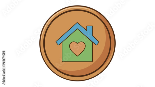Scalable vector illustration of a minimalist flat house icon with a heart symbol inside a circular badge, representing home living, family love, real estate property, and cozy domestic shelter.