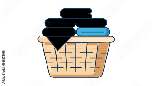 Flat vector icon of a wicker laundry basket overflowing with folded garments, minimalist illustration for housework and home organization concepts, scalable AI-generated graphic design.
