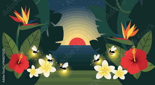 Magical Fireflies in Tropical Jungle at Sunset with Exotic Flowers