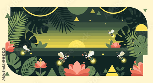 Magical Fireflies in Tropical Jungle at Sunset