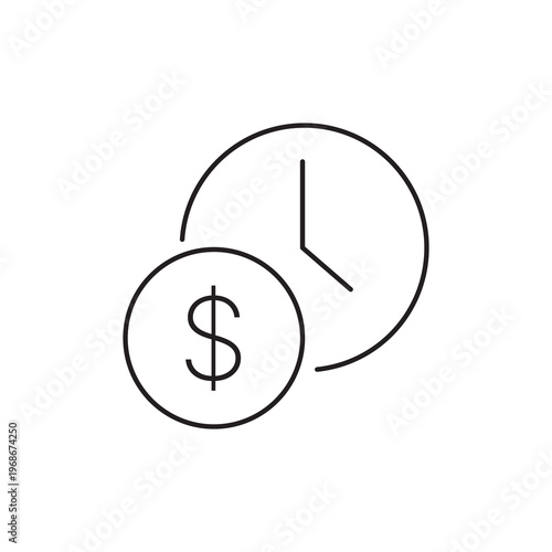 Thin line art icon of a clock and dollar sign symbolizing the time is money concept