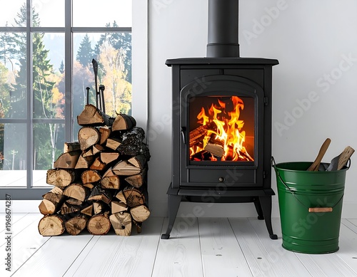 Interior scene of a lit fireplace with stacked wood, tools, and a green bucket by a window overlooking autumn trees