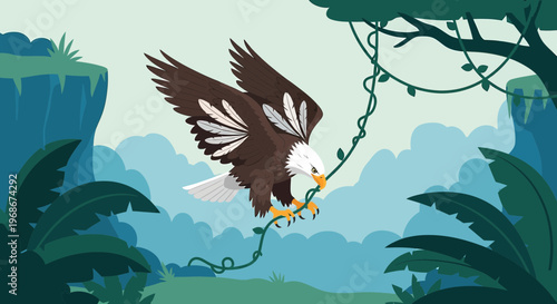 Majestic Bald Eagle Grasping Vine in Lush Tropical Jungle