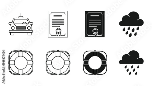 A collection of black and white icons depicting various safety and emergency symbols