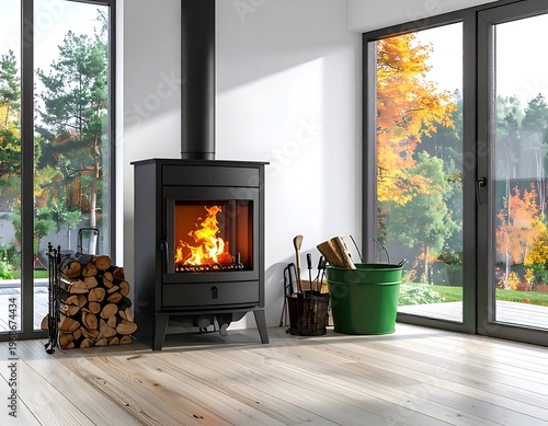 Cozy interior scene with a fireplace, logs, and a beautiful outdoor view through large windows