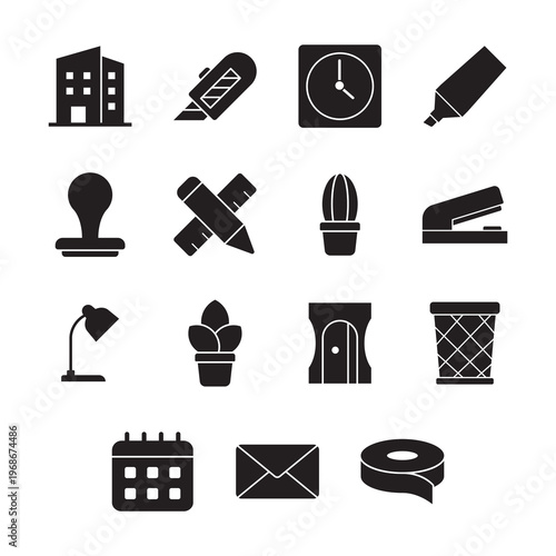 Collection of office supplies and stationery solid glyph icons including building, clock, sharpener, bin, and plants