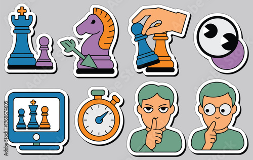 Colorful chess scene stickers with emoji faces, game strategy elements, playful modern design